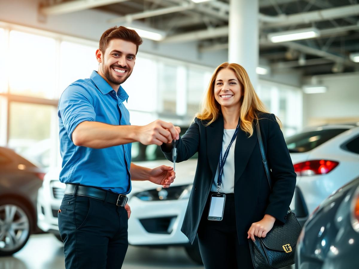 Salesperson handing car keys to a happy customer